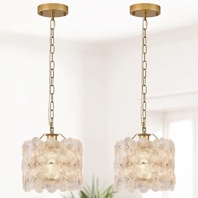 2-Pack Gold Glass Pendant Light Modern 1-Light Flower Small Ceiling Pendant Lighting for Kitchen Island Sink Dining Room Bedroom Entryway Hallway, E26