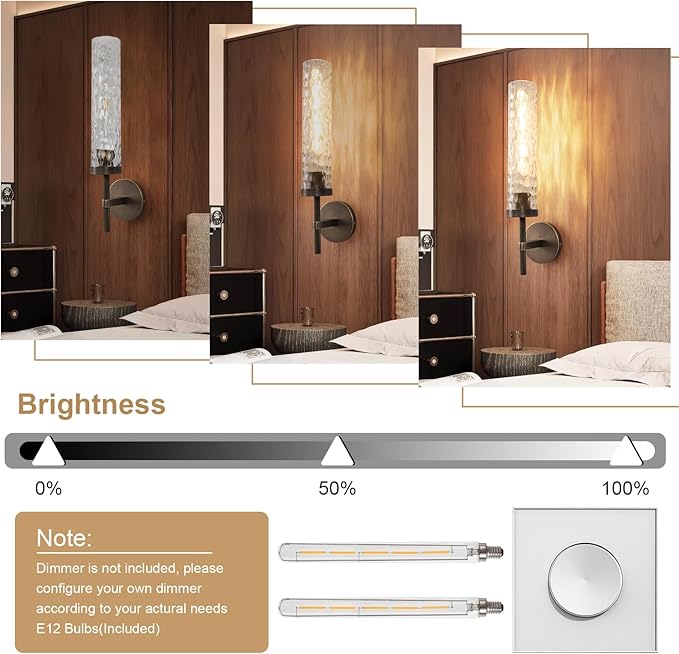 Bronze Wall Sconces Set of 2, 19.5" Brushed Brass Knurled Bathroom Wall Sconces with Water Ripple Glass Shade, Dimmable Indoor Vanity Wall Light Fixtures for Living Room Hallway Bedroom