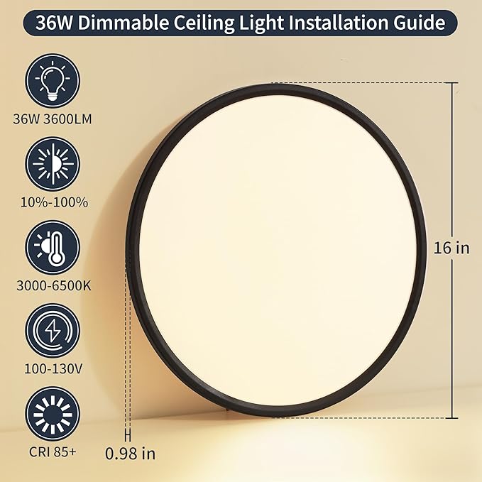 16 Inch Flush Mount Ceiling Light with Remote, 36W Dimmable LED Fixture 3600LM, 3000K-6500K Adjustable, Round Ceiling Lamp for Bedroom, Kitchen, Living Room, Dining Room, Bathroom, Black