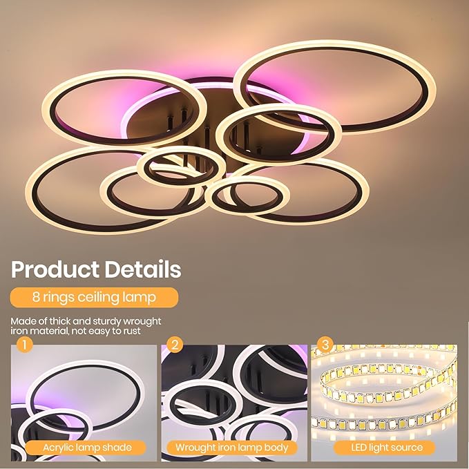 Modern LED Ceiling Light,41.3'' Dimmable Flush Mount Ceiling Lights with Remote,Acrylic Round Ceiling Lighting Fixture for Living Room Dining Room Bedroom Kitchen(Black,8 Rings,80W)
