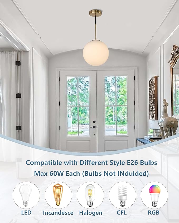 10" Milk Glass Pendant Light Mid Century Modern Globe Hanging Light Fixtures for Dining Room Kitchen Island Bedroom, Gold