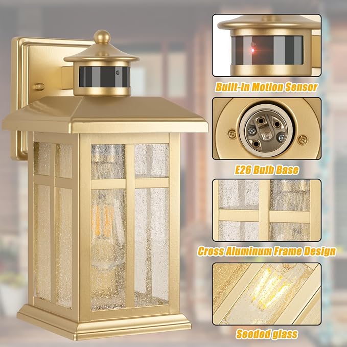 Brilvibera Outdoor Light Fixture Motion Sensor, Gold Waterproof Outside House Light, Modern Wall Lights, Outdoor Garage Light Dusk to Dawn Exterior Light Fixture for House, Garage, Garden