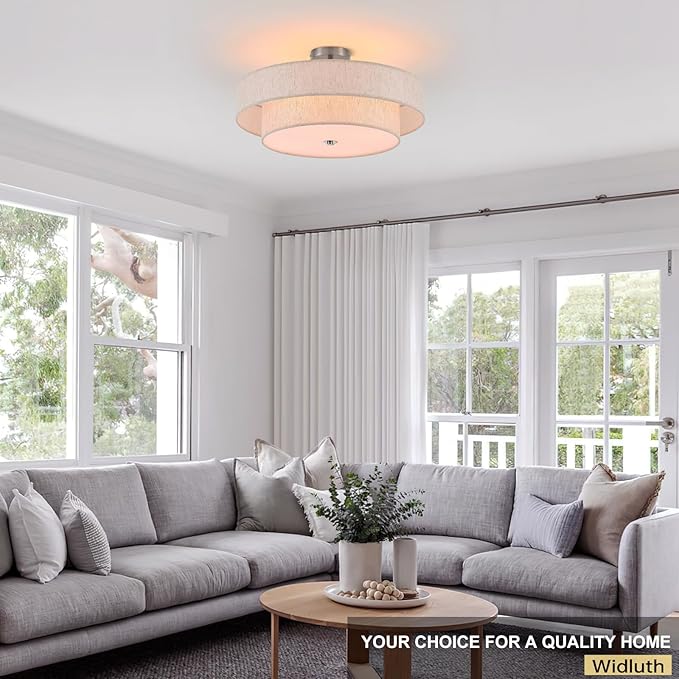 21.7" Modern Semi Flush Mount Ceiling Light 4-Lights Linen Drum Ceiling Lighting with Chrome Finish, Vintage Ceiling Light Fixture for Laundry Room, Kitchen, Living Room, Dining Room, Bedroo