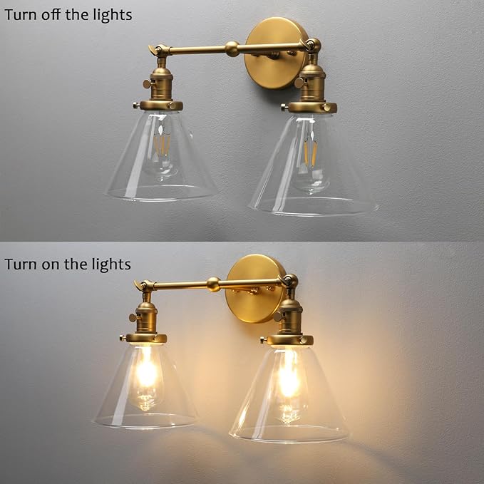 PERMO Double Sconce Vintage Industrial Gold 2-Lights Wall Sconces with Funnel Flared Glass Clear Glass Shade Antique Scocne for Bathroom Living Room Home Office