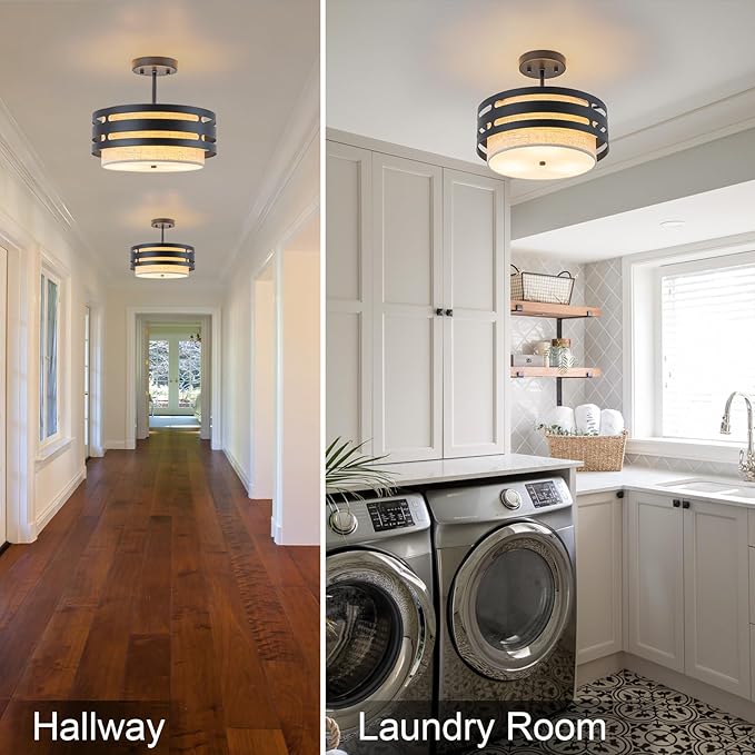 12.6” Drum Semi Flush Mount Ceiling Light Fixture, 3-Light Black Linen Ceiling Lights, Farmhouse Fabric Close to Ceiling Lighting for Bedroom Hallway Kitchen Entryway Foyer Dining Room