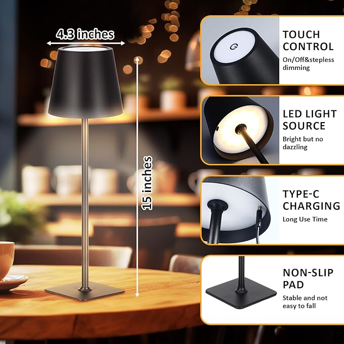 Retisee 12 Pack Cordless Table Lamp Portable LED Rechargeable Desk Lamp 3000mah Battery Operated 3 Color Stepless Dimming Waterproof Touch Control for Bedroom Restaurant (Black,Square Base)