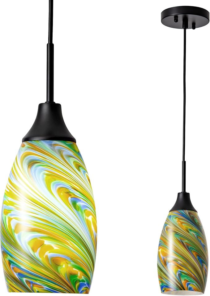 Viinew Mini Glass Pendant Light 4.72" Colorful Pattern Oval Pendant Lights 1-Pack Handblown Art Glass Hanging Pendant Light for Kitchen Island Dining Room Living Hallway Matte Black Metal