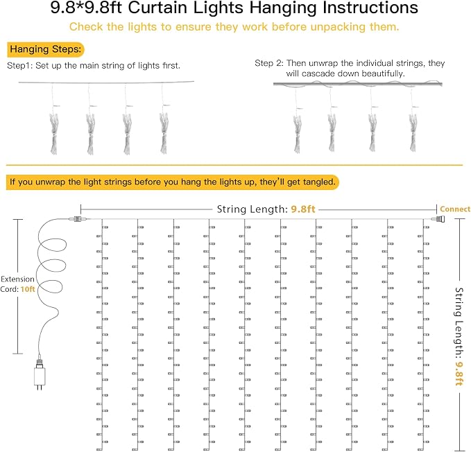 suddus Curtain Lights for Bedroom, 300 Led 9.8x9.8ft Curtain Lights for Backdrop, Curtain String Lights for Christmas, Dorm, Wall, Backdrop, Window, Wedding, Party, Birthday, Warm White（Plug in）