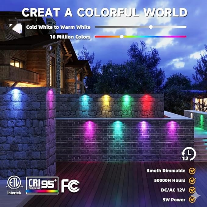 Kaqur 8 Pack 7inch 5W BT RGBCW APP Control Hardscape Lighting Retaining Wall Lights IP65 Waterproof Paver Lights,12V DC Low Voltage Outdoor Lights,16 Million Colors,FCC Listed(App & Remote)
