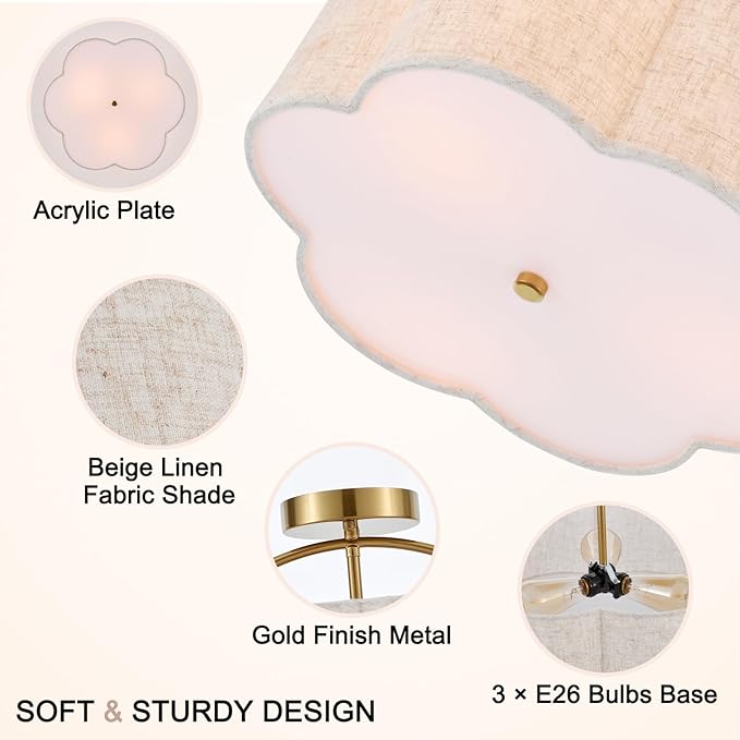 18" Semi Flush Mount Ceiling Light Modern 3-Lights Gold Drum Ceiling Light Fixture with Fabric Linen Shade, Vintage Ceiling Lighting for Living Room, Kitchen, Basement, Laundry Room, Bedroom