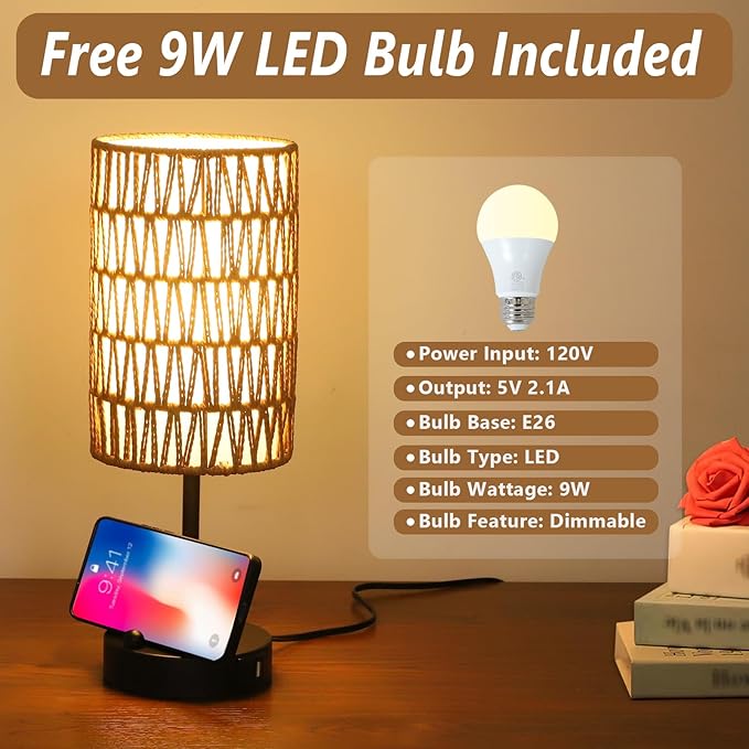 Touch Table Lamp Set of 2 For Bedroom with Bulb, Boho Small Desk Lamp For Living Room With Rattan & Linen Shade, 3 Way Dimmable Bedside Table Lamp For Nightstand With USB Charging Port & Phone Stand