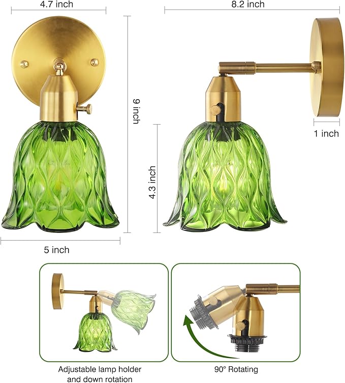 Vintage Wall Sconces - Hardwired Wall Lights with Green Tulip Glass Shade,Brass Wall Lamps for Bathroom Bedroom Stairway Bathroom Living Room Corridor(Bulbs Not Included,E26 Socket)