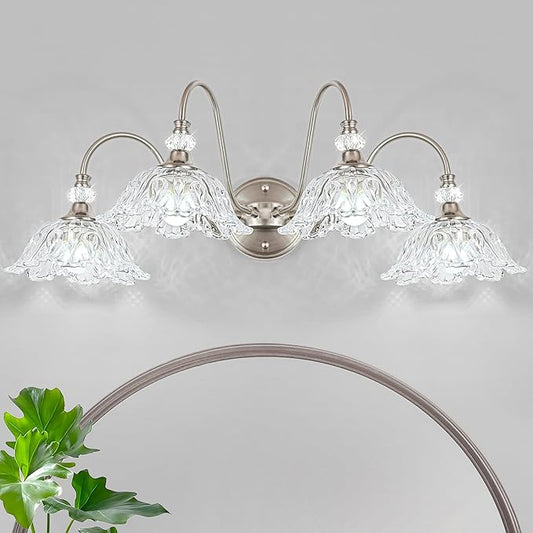 Brushed Nickel Bathroom Vanity Light, 4-Light Vanity Light with Floral Clear Glass Shades, Brushed Nickel Wall Mount Lighting for Bathroom, Dressing Table