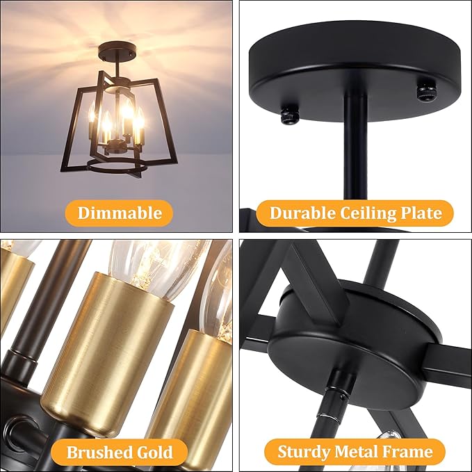 TOULMJ 4-Light Semi Flush Mount Ceiling Light, 14.56" Farmhouse Black Gold Ceiling Light Fixture for Kitchen Island Foyer Hallway Entryway Dining Laundry Room