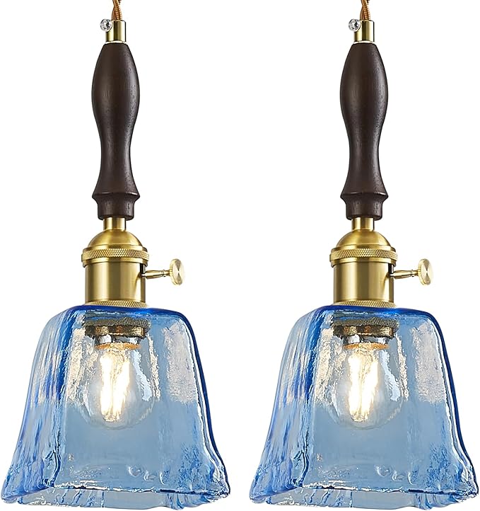 Blue Glass Vintage Pendant Light Height Adjustable Handmade Glass Pendant Lights Kitchen Island Gold Hanging Light Fixture with Wood Handle for Bedroom Dining Room Hotel (2 Pack)