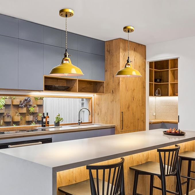 CLAXY Modern Pendant Lights Yellow Metal Barn Pendant Light Fixture Over Kitchen Island with Switch Adjustable Hanging Height Loft Light E26 Pendant for Dining Table Bedroom Cafe