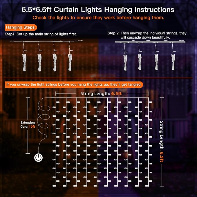 suddus Color Changing Curtain Lights for Halloween, 200 LED 6.5ft x 6.5ft Hanging String Lights with USB, Curtain Fairy Lights Indoor for Bedroom Wall, Party, Porch, Holiday, Purple and Orange
