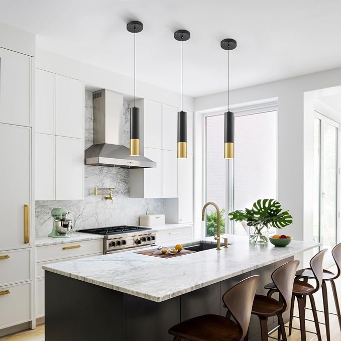 Modern Pendant Lights Fixtures 4000K, Black and Gold Pendant Light Kitchen Island 3 Pack with LED Bulb, Minimalist Hanging Lights for Kitchen Dining Room Bedroom Bar 5W