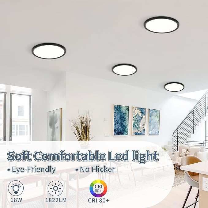 8.6 Inch 6PK LED Flush Mount Ceiling Light, ETL ,18W, 1822LM, 3000K/3500K/4000K/5000K/6500K CCT Selectable, 0.66in Ultra Thin Round Flat Panel Ceiling Light Fixture for Bedroom, Kitchen, (Black)