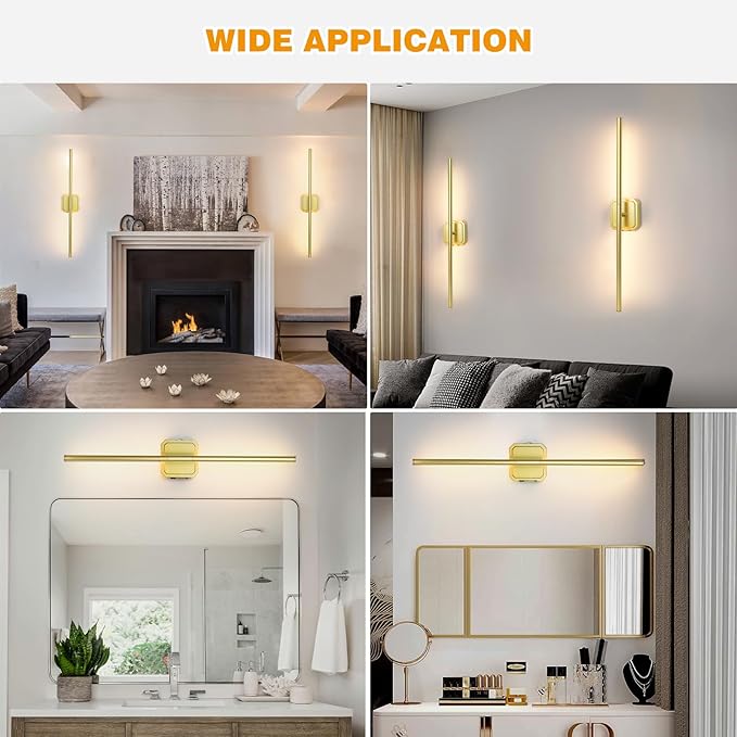 Battery Operated Wall Sconces Set of 2, Rechargeable Wall Sconces with Remote Control, LED Gold Wall Lights, 3000K-6000K Dimmable 360° Rotatable for Living Room, Bedroom, Hallway, 28''