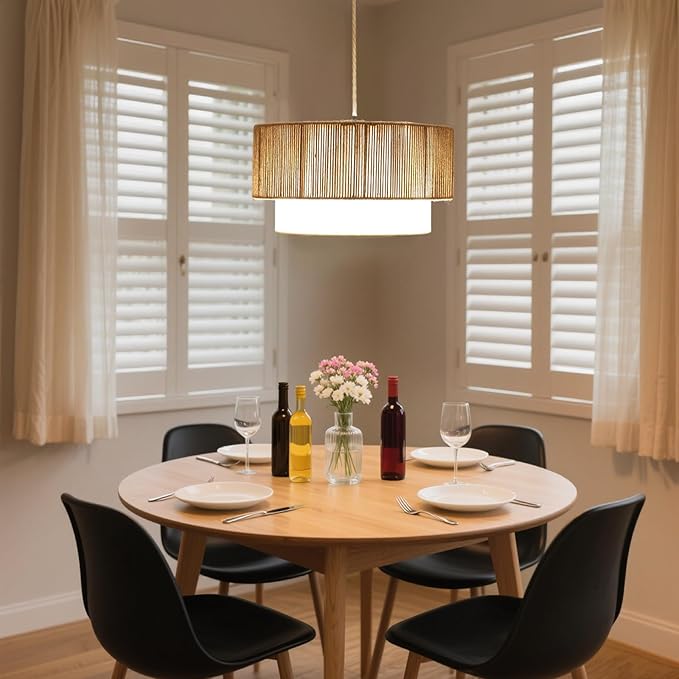 Plug in Pendant Light, 18" Rattan Plug in Chandelier with Linen Fabric Shade, E26 On/Off Switch, Plug in Hanging Pendant Light for Dining Room Living Room Kitchen Foyer