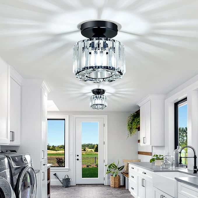 2 Pack Small Crystal Semi Flush Mount Ceiling Light Fixture Modern Black Mini Round Chandelier Metal E26 Ceiling Lamp for Hallway Bathroom Entryway Kitchen Closet