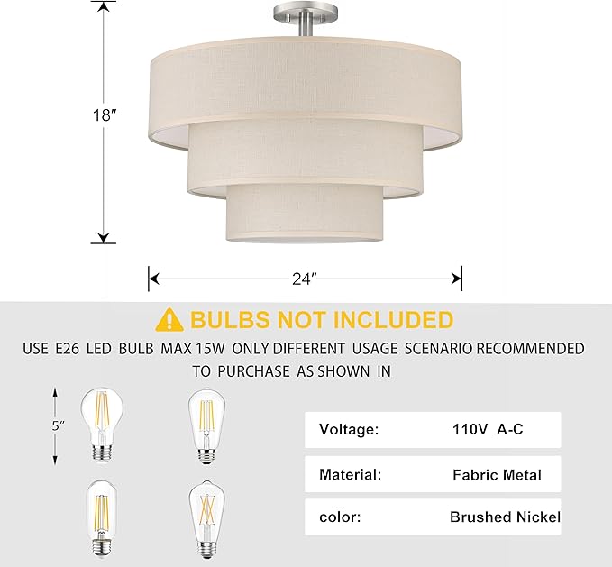 3 Tier 24" White Cream Drum Fabric Semi Flush Mount Light Modern Farmhouse Decor 7 Light Brushed Nickel Finish for Kitchen Living Room Dining Room Corridor Hallway