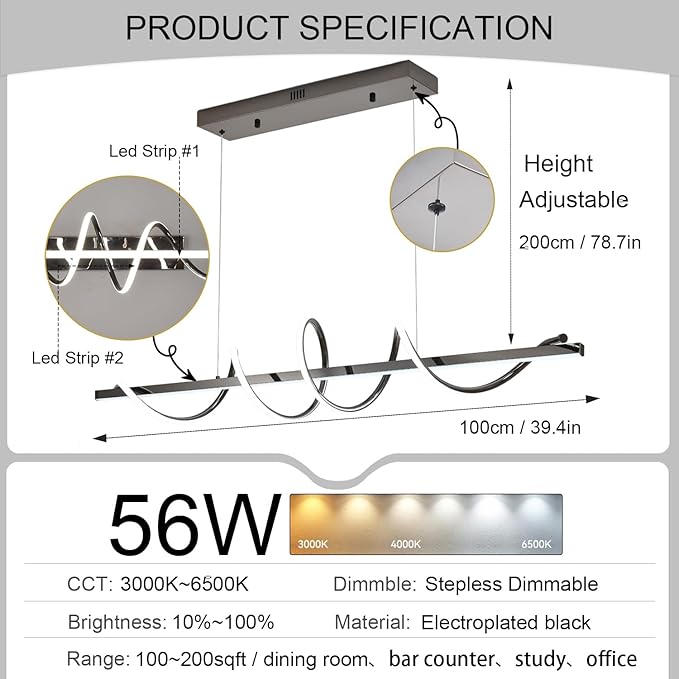 Black Modern Chandelier for Dining Room,Creative Modern Led Pendant Light for Kitchen Island Lighting Dimmable 39.73" Twist Design Modern Led Chandelier 3000K-6500K Adjustable Color Temperature