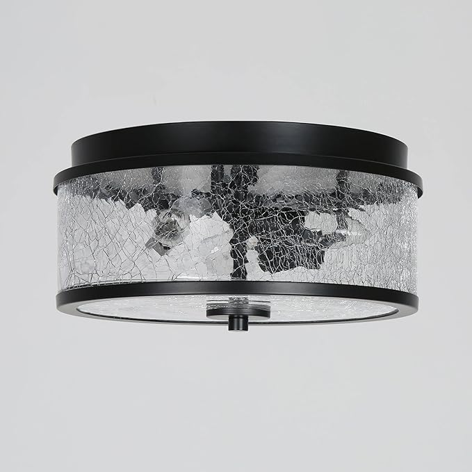 KSANA Black Flush Mount Ceiling Light, Modern Farmhouse 3-Light Close to Ceiling Light Fixtures with Crackled Glass Shade for Bedroom, Hallway, Foyer, Kitchen and Dining Room