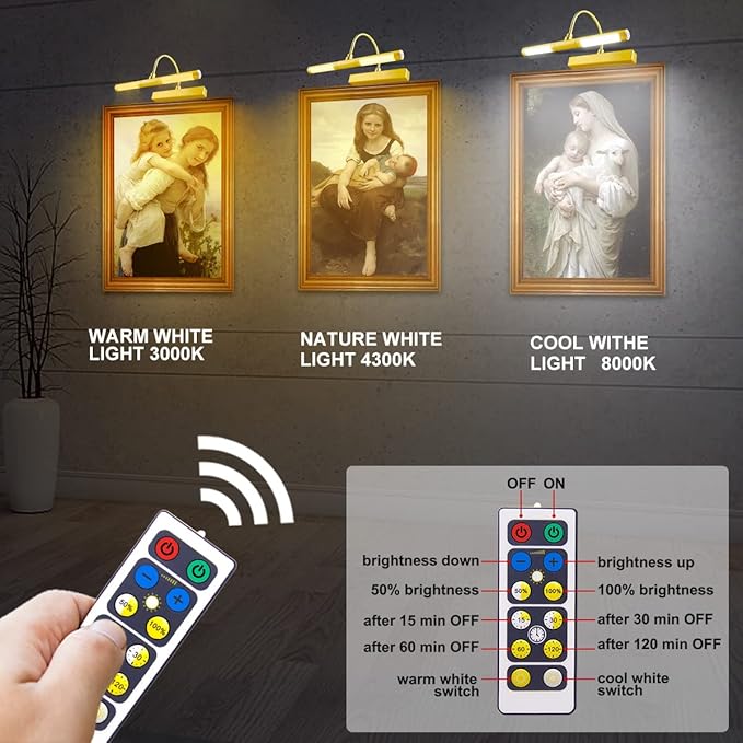 LUXSWAY Wireless Picture Light with Remote Control,Battery Operated Painting Light with Dimmable & Timer,180° Adjustable Head for Wall Art,Canvas Paintings,Portrait Displays-Gold