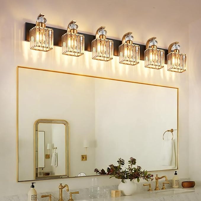 Modern Bathroom Vanity Light, 6-Light Black Gold Bathroom Lighting Fixtures Over Mirror, 44.1" Crystal Wall Light Sconce for Bathroom/Bedroom/Vanity, Includes LED Bulbs, Easy Installation
