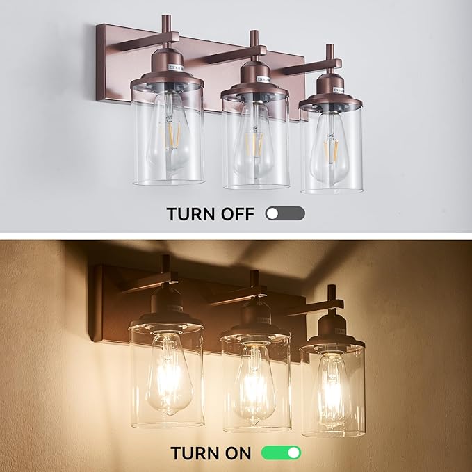 Lanhall 3-Light Bronze Bathroom Light Fixtures Over Mirror,Modern Bathroom Vanity Light with Clear Glass Shade, Wall Sconce for Bathroom Hallway Cabinet Bedroom Kitchen Living Room Foyer E26 Base