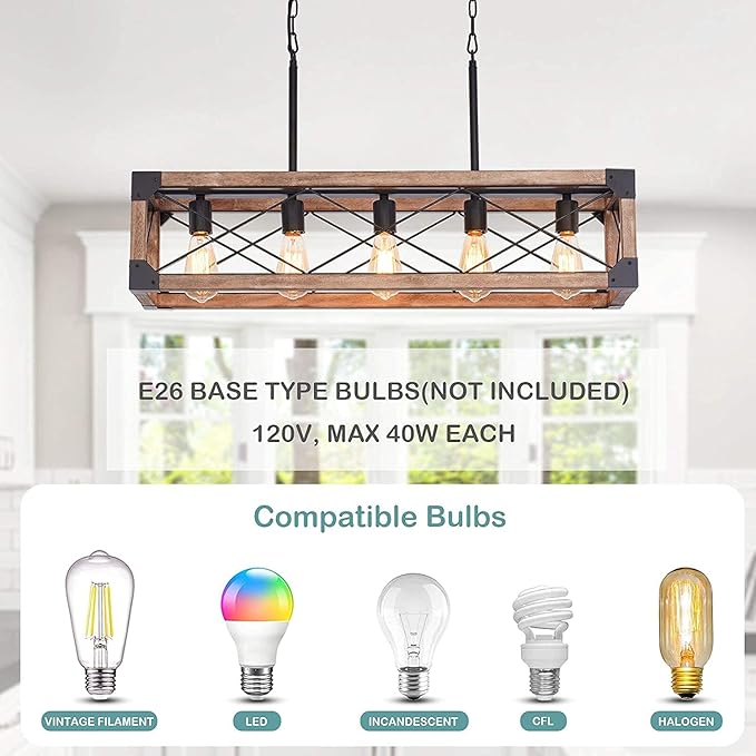 Airposta Kitchen Island Lighting, 33.5-Inch 5 Lights Farmhouse Linear Chandelier for Dining Room Pool Table Pendant Light Fixture, Rustic Wood Grain Finish, Industrial Pendant Light