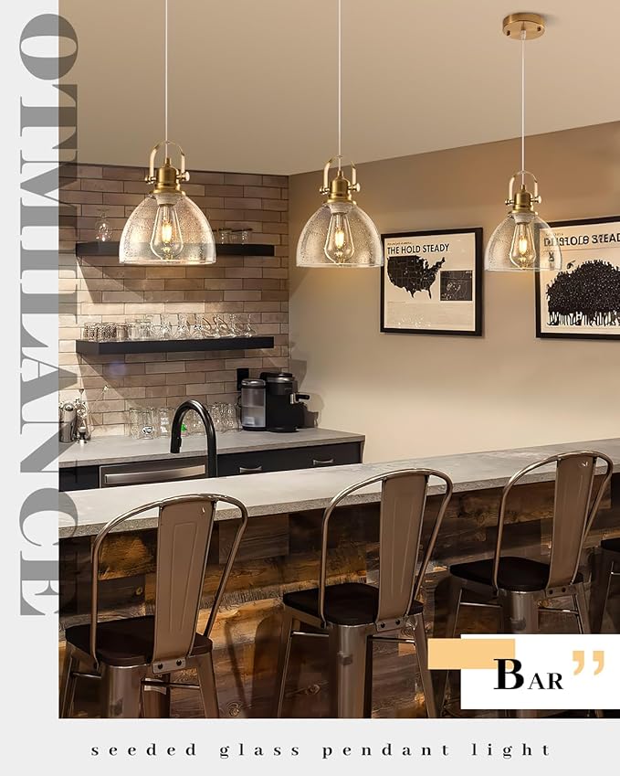 Gold Glass Pendant Lights Kitchen Island, 7.5" Blown Glass Pendant Light, Gold Modern Pendant Lights 1-Pack, Kitchen Hanging Lights for Kitchen Island, Dining Room, Bathroom, Cafe