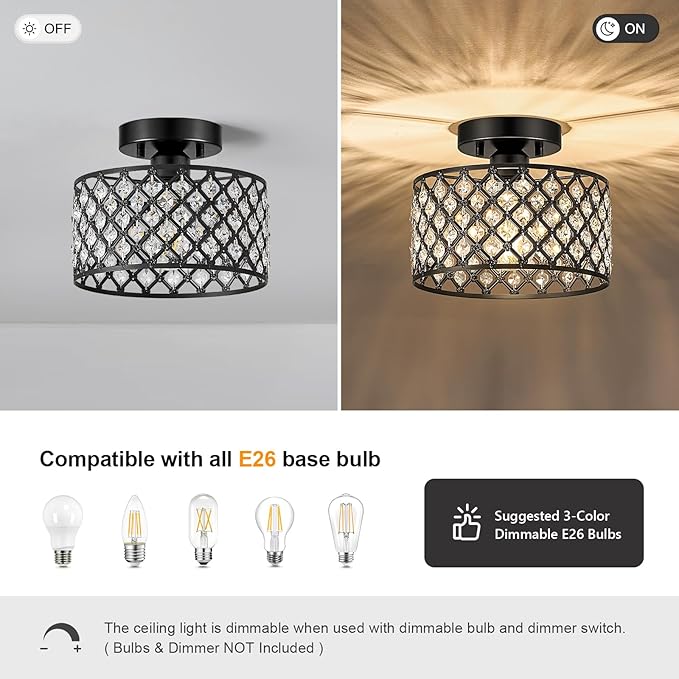 Black Crystal Ceiling Light Fixture,Modern Semi Flush Mount Ceiling Lighting Fixture,Round Small Chandelier for Hallway, Entryway, Laundry Room, Kitchen, Bedroom, Foyer, Bathroom, 1 Light, 9 inch