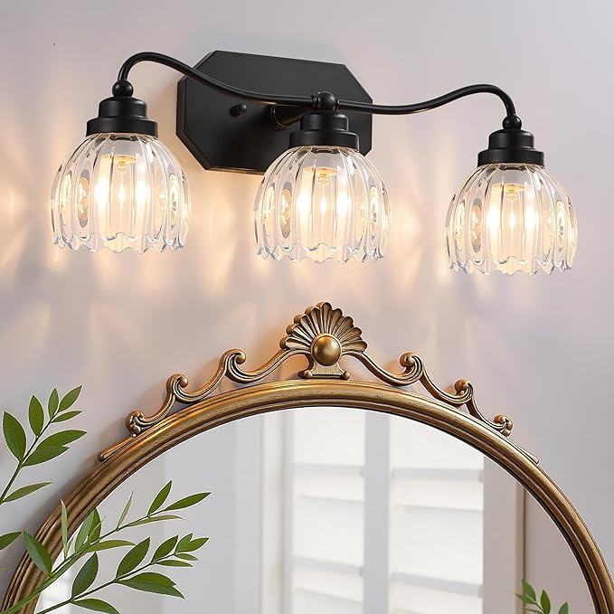 Vintage Bathroom Light Fixtures, 3 Light Bathroom Vanity Light, Black Matte Antique Brass Finish with Crystal Glass Shade, Mid Century Wall Sconces for Bedroom, Living Room, Hallway