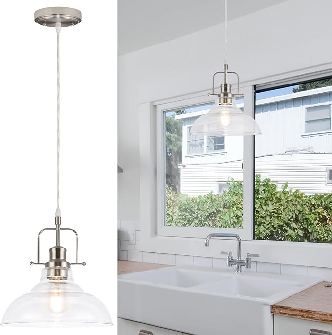 WILON Brushed Nickel Glass Pendant Lights Kitchen Island Lighting, Modern Hanging Lamp for Sink Dining Room Over Table Hallway Entryway Bar Foyer Bathroom