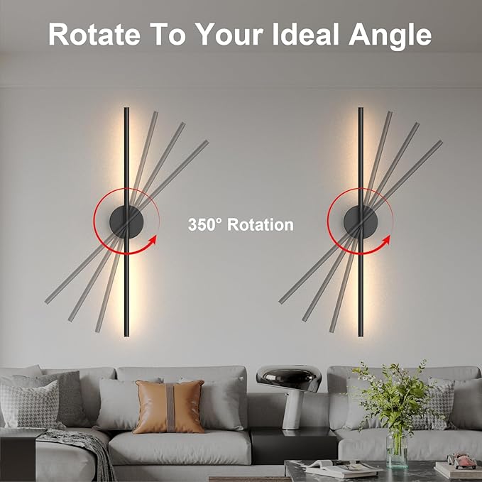 Tartek Battery Operated Wall Sconces Set of Two, Rechargeable Wall Lights with Remote Control, Dimmable 3000K-6000K LED Wall Lamp, 360°Rotate, Long Wireless Sconces for Living Room, Bedroom