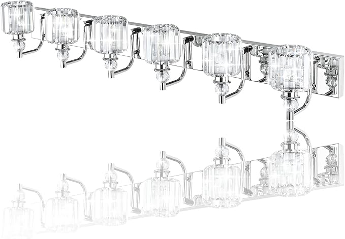 Ralbay Crystal Vanity Lights 6 Light 48" Modern Crystal Bathroom Lights Fixtures Over Long Mirror Stainless Steel Chrome Vanity Light for Bathroom Wall Lights Fixtures
