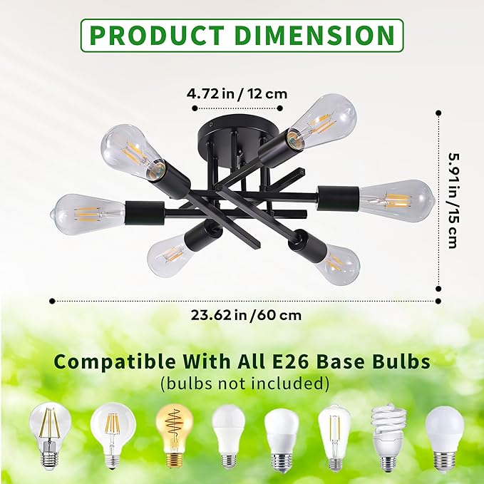 6-Light Semi Flush Mount Ceiling Light Fixture, Modern Black Sputnik Chandelier Lighting for Dining Room, Kitchen, Bedroom, Living Room, Farmhouse Industrial Ceiling Light with E26 Sockets