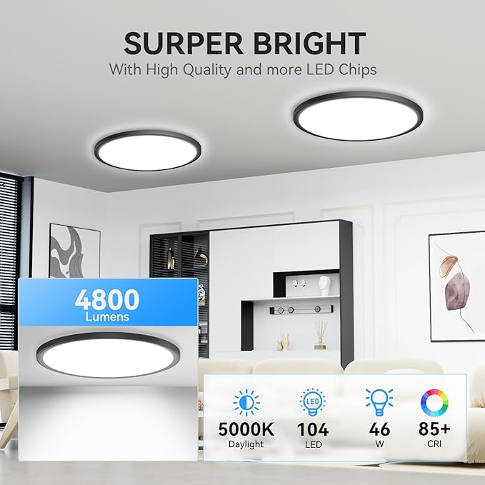 4700lm LED Flush Mount Ceiling Light, Super Slim 16 inch LED Ceiling Light, 5000K LED Ceiling Light for Bedroom, Living Room, Dining Room (Black, Two Pack)