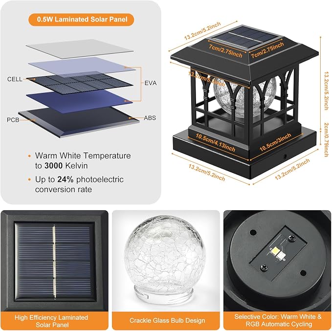 Fence Post Solar Lights, Crackle Glass Solar Post Cap Lights, 20 Lumens, Warm White & RGB Automatic Cycling 2 Modes for 3.6x3.6 4x4 4.5x4.5 5x5 Vinyl Wooden Posts Decoration, Black (2 Pack)