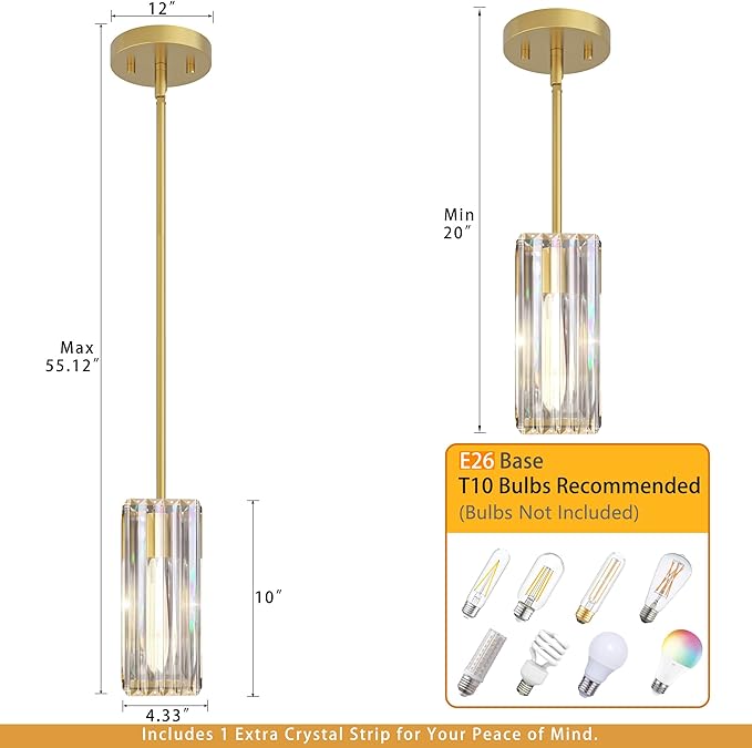 Crystal Pendant Lights for Kitchen Island - 10" Brushed Gold Adjustable Chandelier, Dimmable E26 Hanging Fixture, Modern Lighting for Dining 1pcs