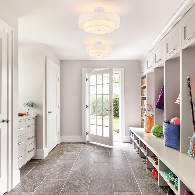 Modern Semi Flush Mount Ceiling Light, 18" Modern White 3-Lights Drum Ceiling Lighting Fixture, Vintage Linen White Ceiling Lamp for Laundry Room, Kitchen, Basement, Dining Room, Bedroom