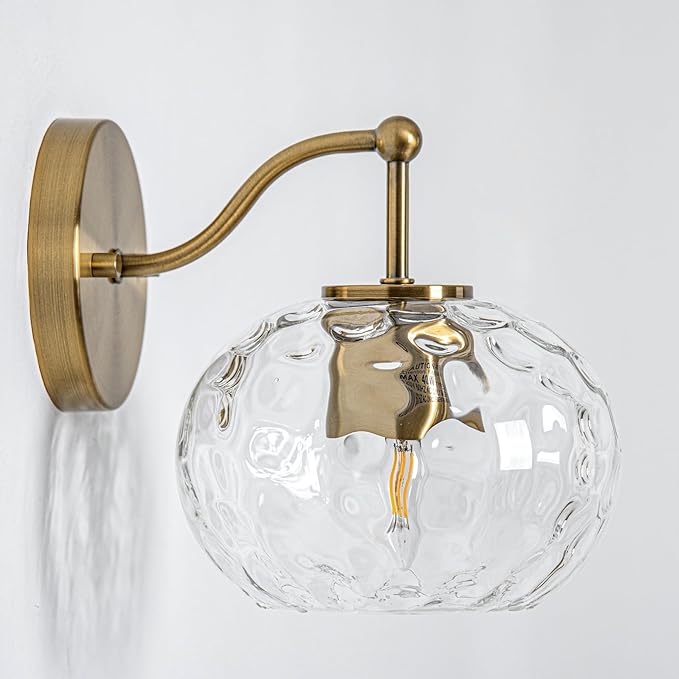 Modern Iridescent Glass Wall Sconce Gold Brass Wall Light Set of 2 Hammered Clear Glass Vanity Light for Bedroom Hallway Living Room Stairwell Bathroom Over Mirror