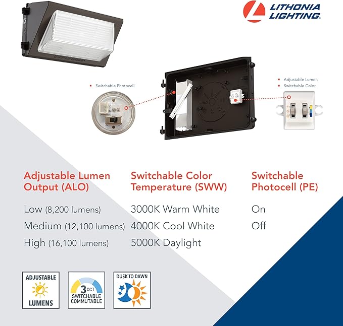 Lithonia Lighting 17" LED Wall Pack Outdoor Light Fixture, 3-Way Selectable CCT 3000K/4000K/5000K, Adjustable Lumens, Dusk to Dawn Photocell, UVOLT, Bronze (TWR2 LED ALO SWW2 UVOLT PE DDBTXD)