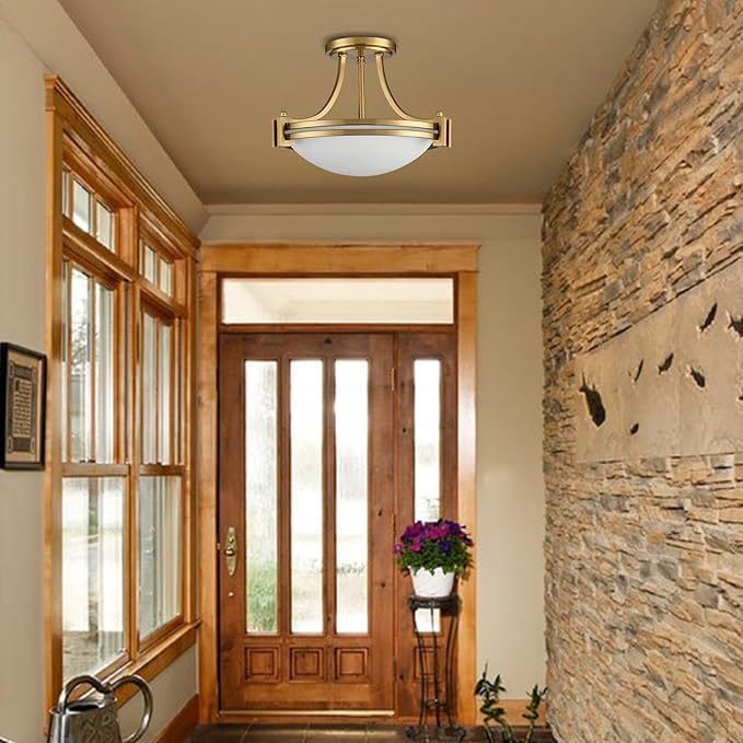 12-Inch Brass Semi Flush Mount Ceiling Light Milk Glass Light Fixture Mid Century 2-Light Gold Glass Ceiling Light for Hallway Bedroom Foyer
