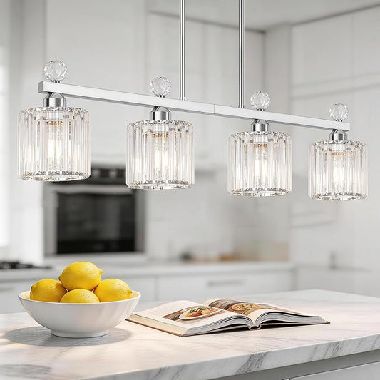 Lxybcce 32" Crystal Island Light for Kitchen Over Table, 4-Light Chrome Linear Pendant Light for Dining Room, Modern Ceiling Hanging Chandelier with Adjustable Height & Clear Crystal Shades, E26 Base