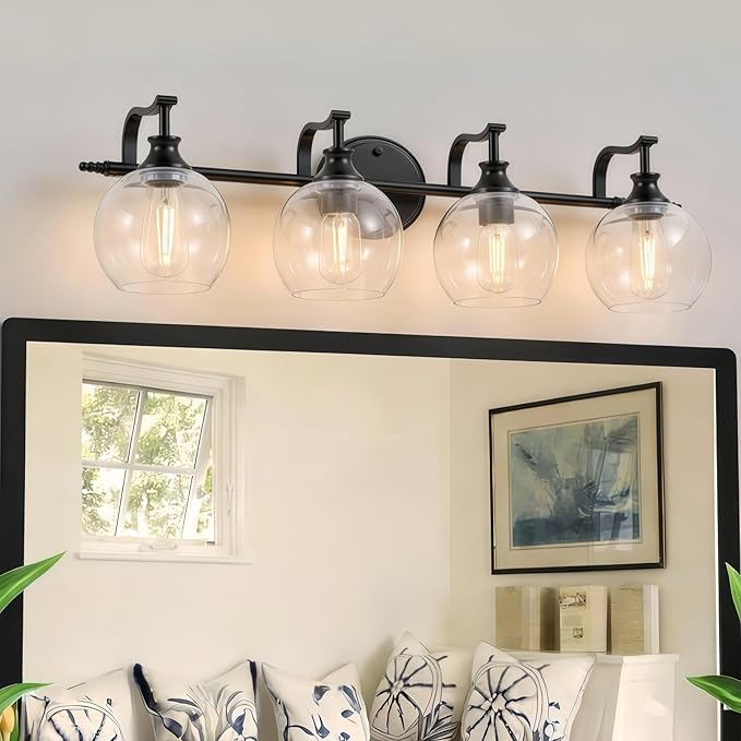 ANDY STAR 4 Light Bathroom Vanity Lights, Matte Black Bathroom Light with Clear Globe Glass Lampshade, 30.5 Inch Industrial Wall Lamp, E26 Base, Bulbs Not Included