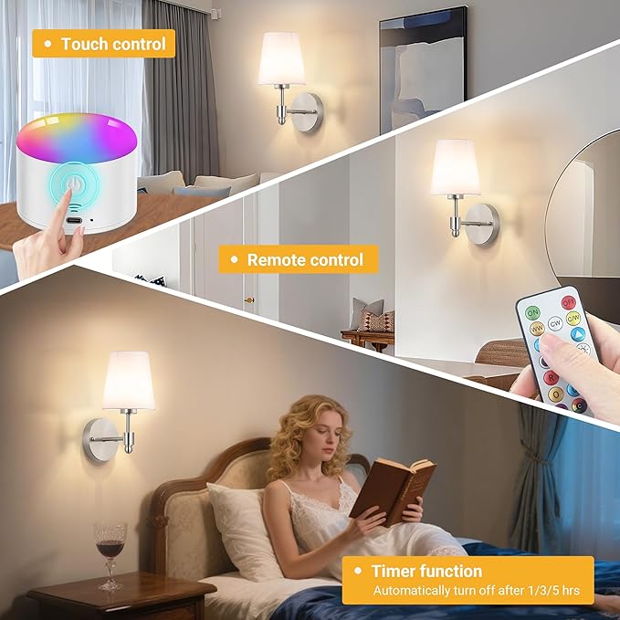 YHCDLAMP Battery Operated Wall Sconces Set of Two, Rechargeable Wireless Wall Lights with 10000mAh RGB Dimmable Detachable Bulb, Battery Sconces Wall Decor with Remote for Bedroom Living Room Hallway